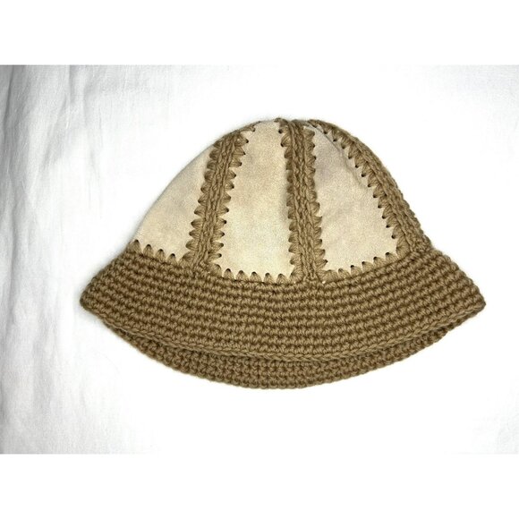 J Crew Hat Bucket Wool Suede OS Womens Crochet Leather Casual Unique Patchwork - Picture 2 of 7